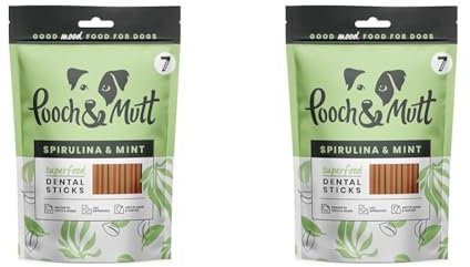 Pooch & Mutt - Superfood Dog Dental Sticks, Spirulina And Mint Flavour Dog Dental Chew, 2 pack of 7 sticks