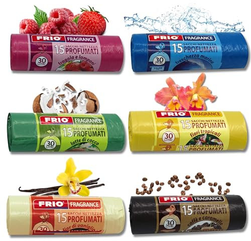 FRIO 90 sacs poubelle parfumés 30L – 52x58 cm, extra résistants – Lot de 6 rouleaux de 15 sacs avec arômes et couleurs assorties, multi-fruits, qualité supérieure