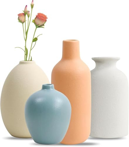 QUTHZZHY Juego de 4 Jarrones de Cerámica Pequeños de Colores, Jarrones de Cerámica Modernos y Blancos Mate para Hierba de Las Pampas, Decorativos para Salón, Boda, Cena