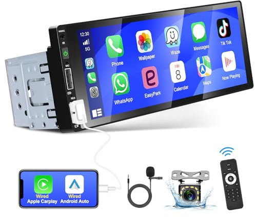 Autorradio Podofo 1 DIN con Carplay y Android Auto, Pantalla Táctil HD de 6,86'' Estéreo para coche, Bluetooth 5.0, Retroiluminación Colorida,FM,Ecualizador,AUX,USB,Tarjeta TF y Cámara de Marcha Atrás