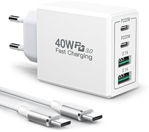 Type-C USB C Chargeur,40W 4-Port Multiple Charge PD et QC3.0 Type C Adaptateur Rapide pour iPhone 15 Pro max/13/14/12/11,Samsung Galaxy S24/S23/S22/S21/A15,iPad,AirPods,avec 2m Câble USB C