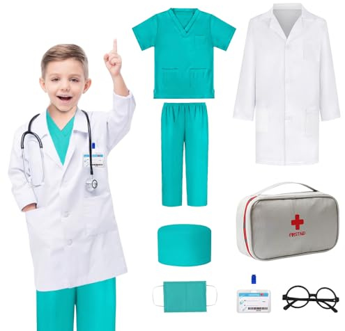 Mineup Doktorförklädnad för barn, medicinsk väska med stetoskop, pedagogisk leksakssats, present till pojkar och flickor 6–9 år, 130 cm