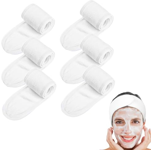 HABNI 6 Pièces Bandeau Maquillage, Bandeau Cheveux Femme Maquillage, Bandeaux de Bain Esthetique Réglable Headband avec Magic Tape Élastique Bandeau Cheveux pour Soin Visage Spa,blanc