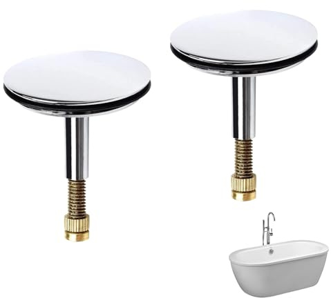 2Pcs Pop Up Bath Plugs, 43mm Bath Plug Replacement, 8mm Pole Adjustable Solid Brass Chrome Bathtub Drain Stopper, Anti-Rust Tub Plug Stopper for UK Bathtub Sink Drain (Silver)