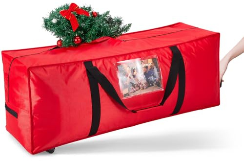OUSFOT Bolsa Arbol de Navidad Tela Oxford 1680D puede Acomodar Árbol Hasta 2,4-2,7 m, con Ruedas y Cremallera Asa Reforzada, Rojo, para Guardar Adornos Navideños