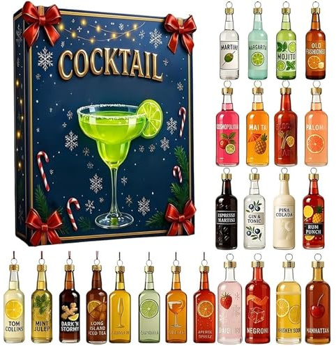 Cocktail Advent Calendar 2025, 24 Days Christmas Advent Calendars with 24 Miniature Cocktail, 2D Flat Acrylic Ornaments Xmas Tree Decorations Gifts for Women Men, Early Christmas Presents