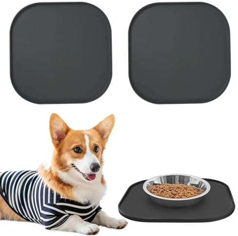 2 Stück Wasserfeste Silikon Futtermatte - Napfunterlage Katzen, 26× 26 ×1 cm Silikonmatte Quadrat, Quadratisches Futtertablett für Hunde und Katzen, rutschfeste Unterlage Hundenapf für Futter, Grau