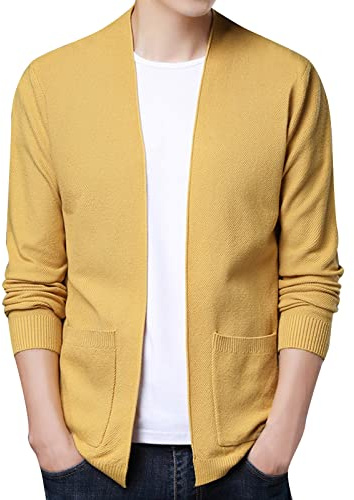 Cardigan da uomo tinta unita Cardigan maglione sottile tasche maglione maglione a maglia fine basic cardigan leggero maglione invernale con cerniera felpe a maglia, giallo., M