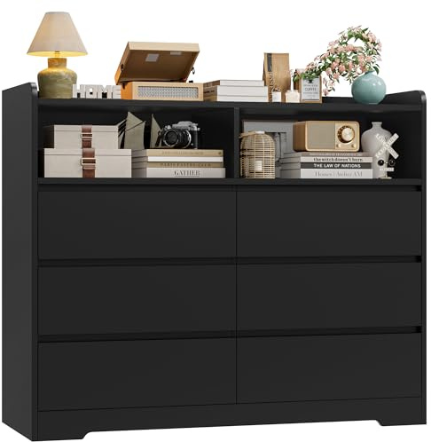FOREHILL Commode Chambre Commode 6 Tiroirs 3 Étagères Ouvertes Commodes Chambre Adulte Meuble Armoire de Rangement pour Salon Bureau Couloir Noir 120x40x100cm