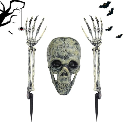 Jiimhte Decoración de Halloween de esqueleto, decoración de cementerio de Halloween, calavera realista para patio, jardín, valla, casa embrujada, césped, decoración de puerta delantera