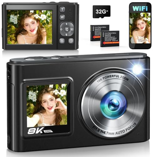Dernier appareil photo numérique Wi-Fi 8K 96MP 2026, double écran, autofocus anti-tremblement, caméra de voyage compacte pour vlogging YouTube, comprend une carte de 32 Go et 2 batteries de 1050 mAh