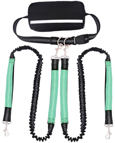 Handsfree hundkoppel med påse, dubbelkoppel för två hundar, infällbar bungee-bly, trasselreducerande design, justerbart midjebälte, reflekterande nylon, grön