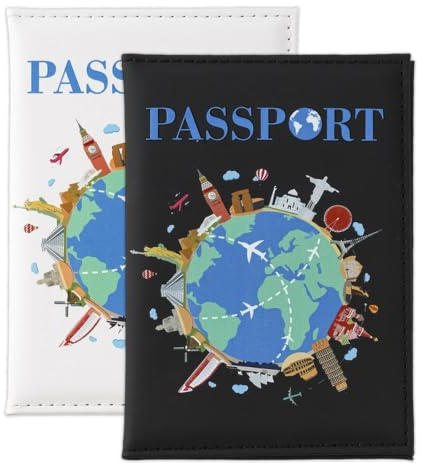 FIQLUL 2 Pièces Protège Passeport en Cuir PU, Étui Passeport Imperméable Noir et Blanc, Porte de Voyage pour Housse Français, Cartes de Crédit et Documents, 14x10 cm