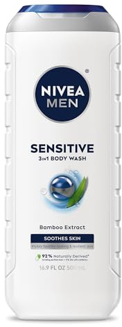 NIVEA MEN Sensitive Body Wash with Bamboo Extract, Moisturizing Body Wash for Sensitive Skin, Soap Free Shower Gel for Men with No Drying Alcohol, 16.9 Fl Oz Bottle