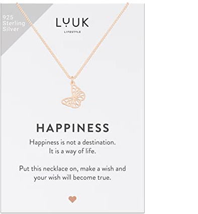 LUUK LIFESTYLE Halskette mit Schmetterling Anhänger und HAPPINESS Geschenkkarte, moderner Schmuck für Frauen, Reisebegleiter, Symbol für Liebe, Glücksbringer, Rosé