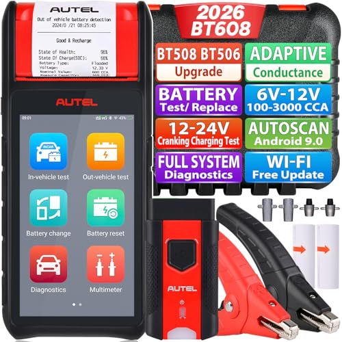 Autel Battery Tester MaxiBAS BT608 (E), Up of BT508 BT506, 6-12V 100-3000CCA Automotive Load Test, Cranking Charging Test Tool w/Printer, Adaptive Conductance, All Systems Diagnostic as MK808S MX808S