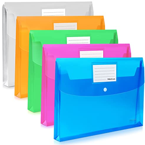 5 Pack Plastic Envelopes,Large-Capacity Colored Clear Folders for Documents File Folder,TFDLCG zm Poly Envelopes with snap Closure,A4 Letter Size(13×9.5) for School Home Office,Assorted Colors
