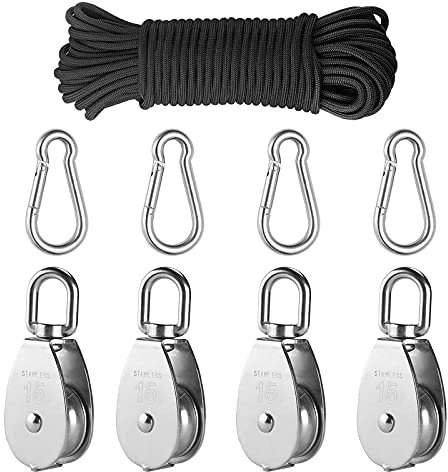 Flaschenzug Mit Seilbremse, 304 Edelstahl Flaschenzug FahrradaufhäNgung, Umlenkrolle Und Kabel Fitness, Umlenkrolle Wandmontage Drehbar, Schnur Und Karabiner, Tragkraft 36kg(4pc-Set, 30m)