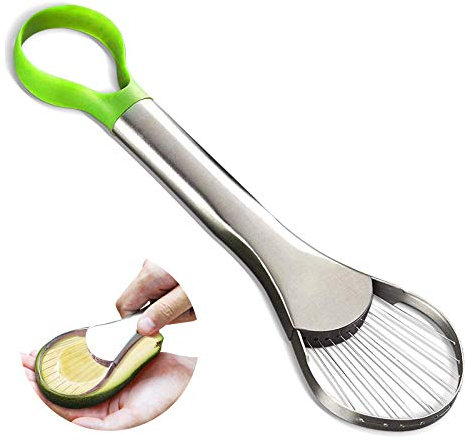 Avocado Slicer Cutter Edelstahl Avocadoschneider Einfach zu säubern Edelstahl Klinge und Rutschfester Silikongrif Obstschäler für Fresh Avocado Saver in Haushalt Küche sicheres Küchen Werkzeug(Grün)