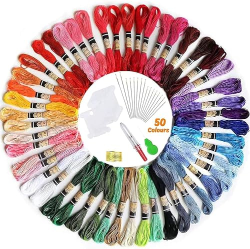 Embroidery Thread, elloLife Random Colors Cotton Embroidery Floss Friendship Bracelets Making Kits with 12 Pieces Bobbins Organizer for Beginners Adults for Knitting Cross Stitch Project (50 Skeins)