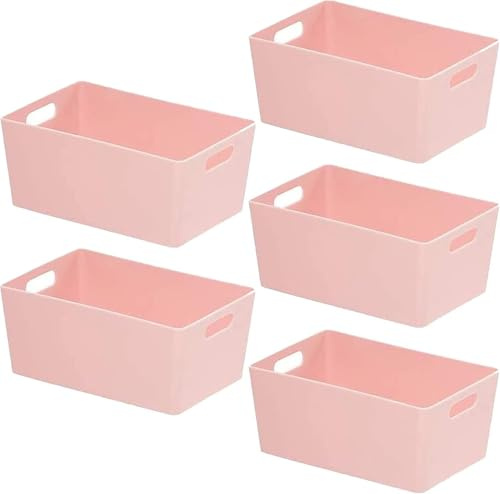 Niftii Set 5 Cestini Portaoggetti in Plastica - Contenitori Rettangolari con Manici per Cucina e Casa - Rosa