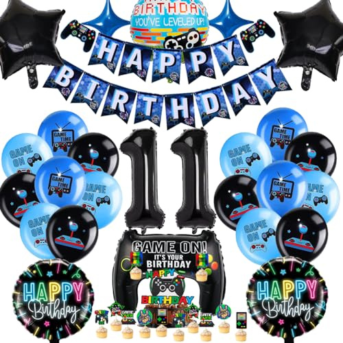 Videospiel Geburtstagsdeko 11 Jahre, Geburtstag 11. Junge Spiel,Gamer Party geburtstag Deko Set, XXL Gaming Controller Folienballons Set mit Banner Cake Topper，für Junge Geburtstag Spielthemen Party
