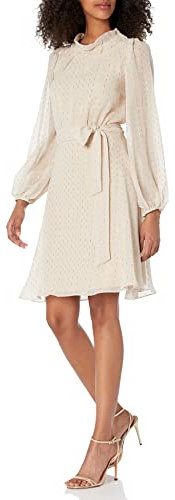 DKNY Damen Ballonärmeln und Gürtel Kleid, Chmp/Gld/SLV, 36