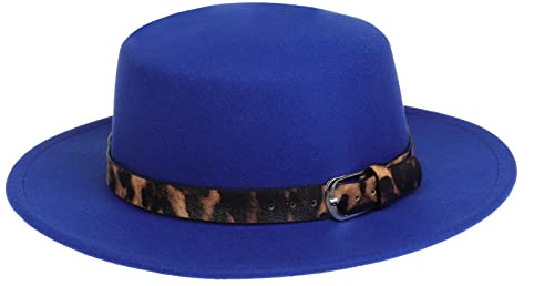 NiceYnn Unisex Trendy Felt Wide Brim Flat Church Derby Cap Headwear Top Hat with Leopard Band, Wool Fedora Panama Bowler Boater Jazz Cap Blue & Belt