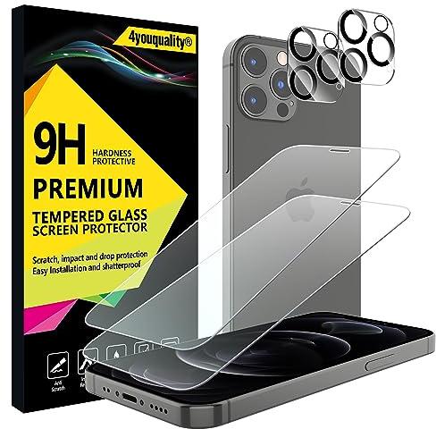 4youquality [4-i-1 skärmskydd för iPhone 12 Pro med kameralinsskydd, härdat glasfilm, 2-pack vardera, [livstidsstöd] [slagtålig] [Anti-rep] [Ultra-genomskinlig]