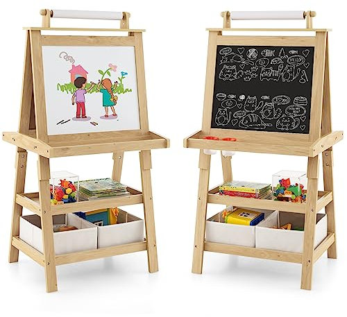 COSTWAY 3 in 1 Kinder Staffelei, Kindertafel doppelseitig, Whiteboard & Kreidetafel & Zeichenpapier, Standtafel inkl. Magneten, 2 Regalebenen Holztafel mit 2 Aufbewahrungsboxen (Natur)