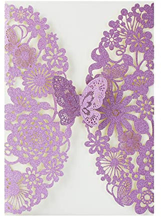 Hosmsua 20pcs Purple brillo tarjetas de invitación de boda de corte láser de encaje flora mariposa invitación con sobre de invitación para la boda de cumpleaños
