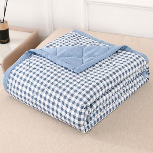 DOTBUY-SHOP Quilted Bedspreads, Check Quilt Bed Throws Cotton Filling Duvet Super King Single Double Size Children's Bed Reversible Quilted Throw for All Season (Light blue,150x200cm)