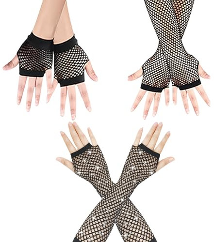 DALAETUS 3 Paar fingerlose Netzhandschuhe, elastische, atmungsaktive schwarze Netzhandschuhe für Kostümpartys, Weihnachtsfeiern und Bühnenauftritte