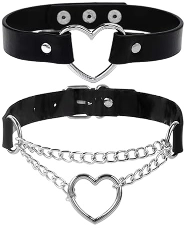 Collier Cœur en Cuir 2 Pièces - Chaîne Punk Ras de Cou Réglable