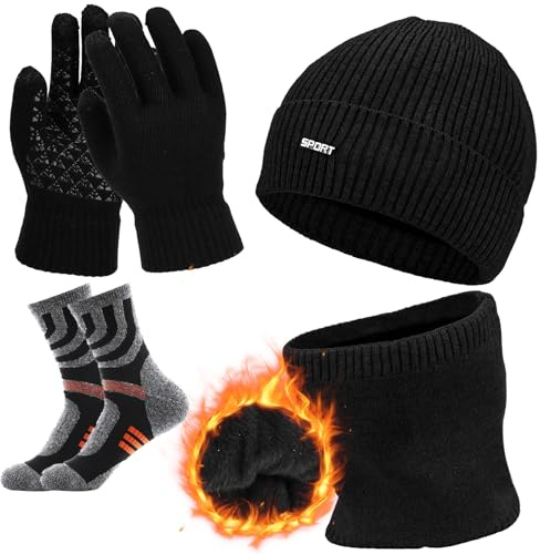Aicerous®3 in1 Inverno Berretto Scaldacollo Guanti Set, Cappello Invernali Sciarpa Set, Cappelli Caldo Scaldacollo Touch Screen Guanti, con fodera in pile, morbido e delicato sulla pelle (Black)