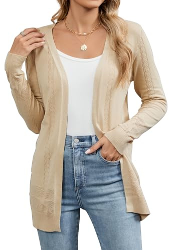 Famrrifuu Femme Gilet Manches Longues Col en V Cardigan Long Chic et Elegant Été Veste Tricot Léger Ouverte Gilets, Beige, S