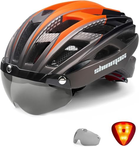 Shinmax Casque de vélo pour homme et femme avec visière, lunettes de protection magnétiques amovibles, casque de vélo avec lumière pour adulte, réglable, respirant, protection de sécurité, casque de