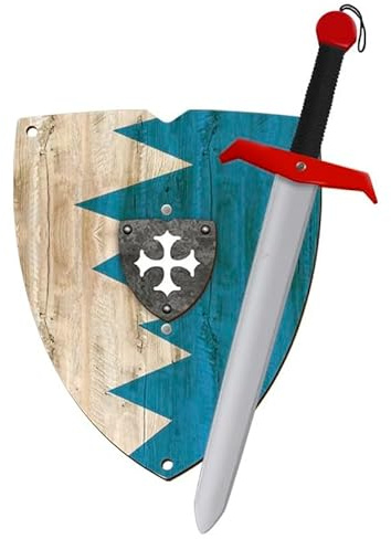 GERILEO Espada y Escudo de Caballero de Madera Artesanales Coloridos - Juguete para Niños y Niñas - Complemento para Juegos, Imitación, Disfraz, Medieval, Guerrero, Fiesta Temática, Edad Media (Azul)