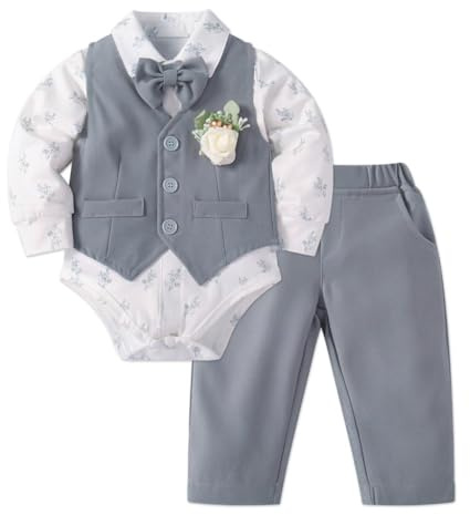 Lito Angels Costume Bebe Garcon Ensemble 5 Pieces avec Gilet Chemise Pantalon Noeud Papillon et Fleur pour Bapteme Mariage Anniversaire Noel Paques Tenue Ceremonie Gris Age 0-3 Mois Taille 62