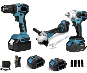 Kit de Herramientas Inalámbricas 3 Piezas, Taladro Percutor, Atornillador de Impacto y Amoladora, con 2 Baterías y Maletín, Juego Profesional para Bricolaje