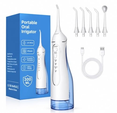 Professional Cordless Water Flosser for Teeth Cleaning 4 Modes & 4 Jet Tips USB-C Rechargeable & IPX7 300ML Waterproof Portable Oral Irrigator for Home & Travel Use
