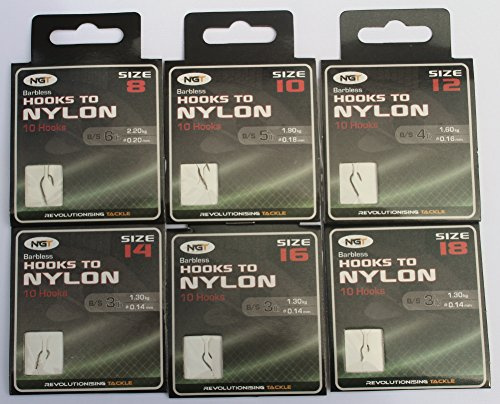 NGT Lot de 60 hameçons sans ardillon sur nylon pour pêche à la carpe, de 6 tailles différentes