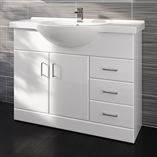 1050mm White Gloss Basin Vanity Unit Sink Cabinet Bathroom Drawer Storage Furniture