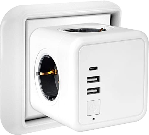 Toma Múltiple de Pared Cubo Con 4 Tomas y 3 USB, 7 en 1, Bloque Multitoma de Corriente Con Interruptor, Cargador USB Para Hogar, Oficina