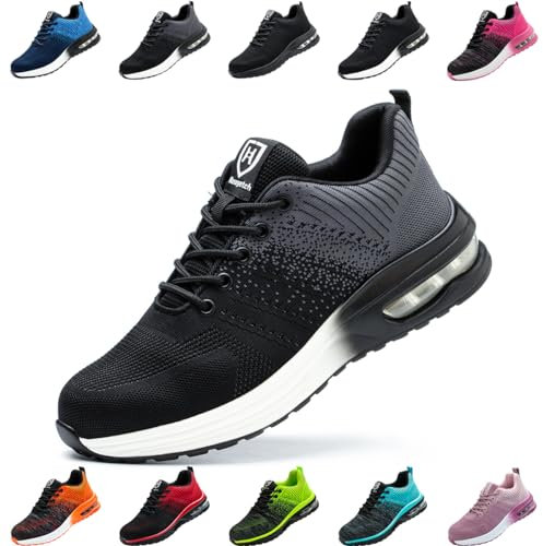 Nasogetch Safety Trainers Steel Toe Cap Trainers Men Women Lightweight Breathable Safety Shoes Work Trainers with Cushioning Grey UK 9 Label Size 43
