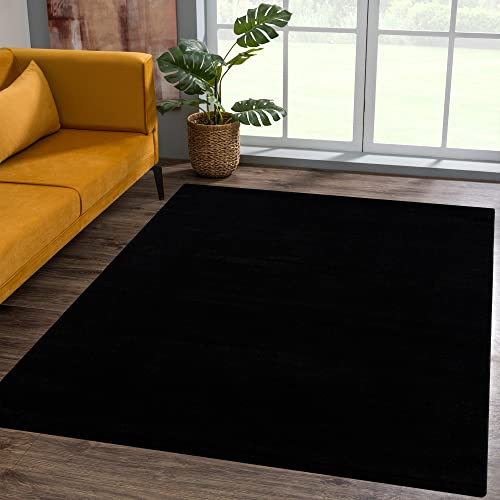 SANAT Kurzflor Teppich Wohnzimmer - Uni Modern Teppiche fürs Schlafzimmer, Arbeitszimmer, Büro, Flur, Kinderzimmer und Küche - Schwarz, 80 x 200 cm