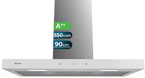 Cecotec Campana Extractora 90 cm Tipo T Bolero Flux TT 905500 Glass White A++. 70W, Frontal Cristal Blanco, Bajo Consumo, Succión 550m3/h, Control Táctil, 3 Niveles, Booster, Luz LED, Filtro Carbono