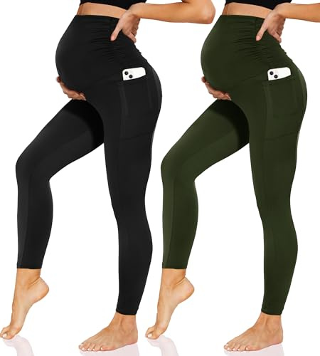 Sundwudu Paquete de 2 Leggings de Maternidad sobre el Vientre, Pantalones de Yoga de Cintura Alta para Mujer con Bolsillos, Negro y Verde, Medium