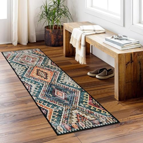Wohnvoraus Boho Vintage Runner Rug Non-Slip 40x120cm, Red Ultra-Thin Washable Kitchen Floor Mats, Geometric Tribal Distressed Carpet Runner for Hallway Entryway Bathroom Bedroom Laundry