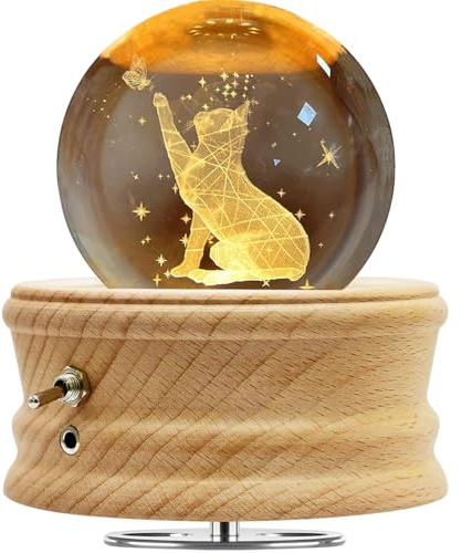 ETDEUH Caja de Música con Bola de Cristal,Caja de Música de Madera con Proyección,Base Giratoria de Madera con Rotación de 360°con Luz, Cristal 3D K9,Regalo de Cumpleaños Navidad Mujeres Niños